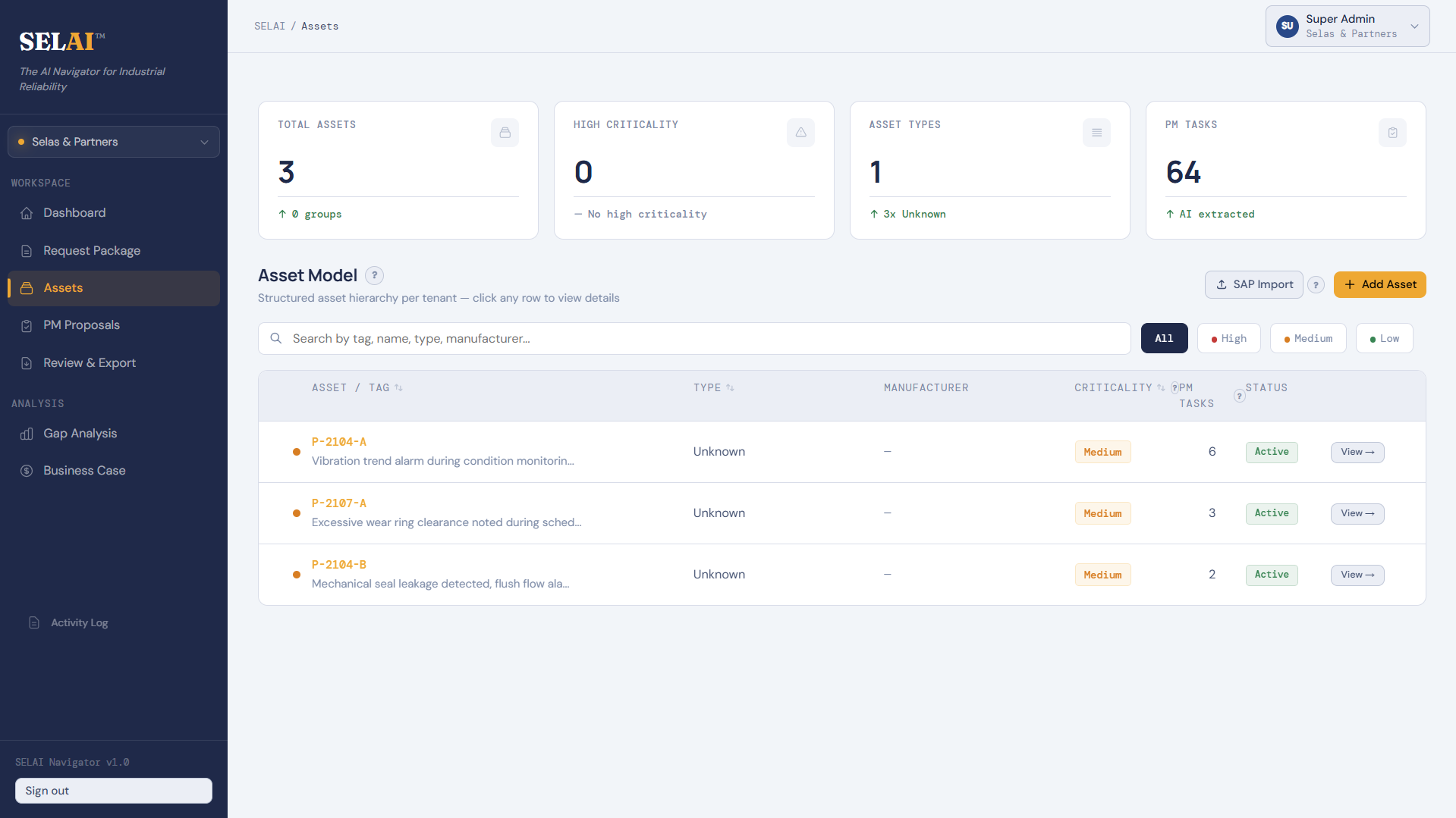 SELAI Navigator asset model - structured asset hierarchy with tag, type, manufacturer, criticality and PM task count per asset